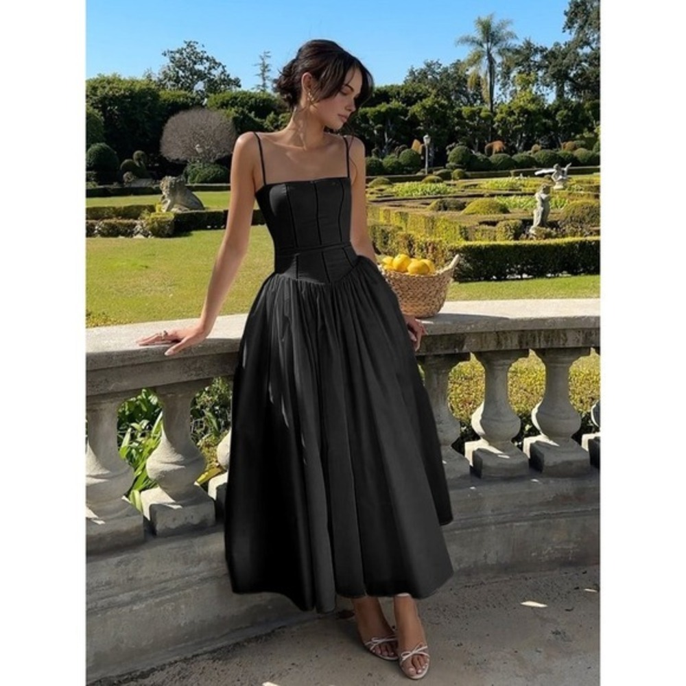 Commense Black Midi Dress Sleeveless Fit and Flare Party Cocktail Dress‎ XS
